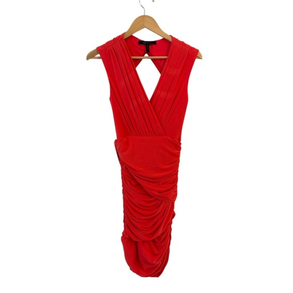BCBGMAXAZRIA Ruched Bodycon Dress Women Small Red V-Neck Cutout Back Formal